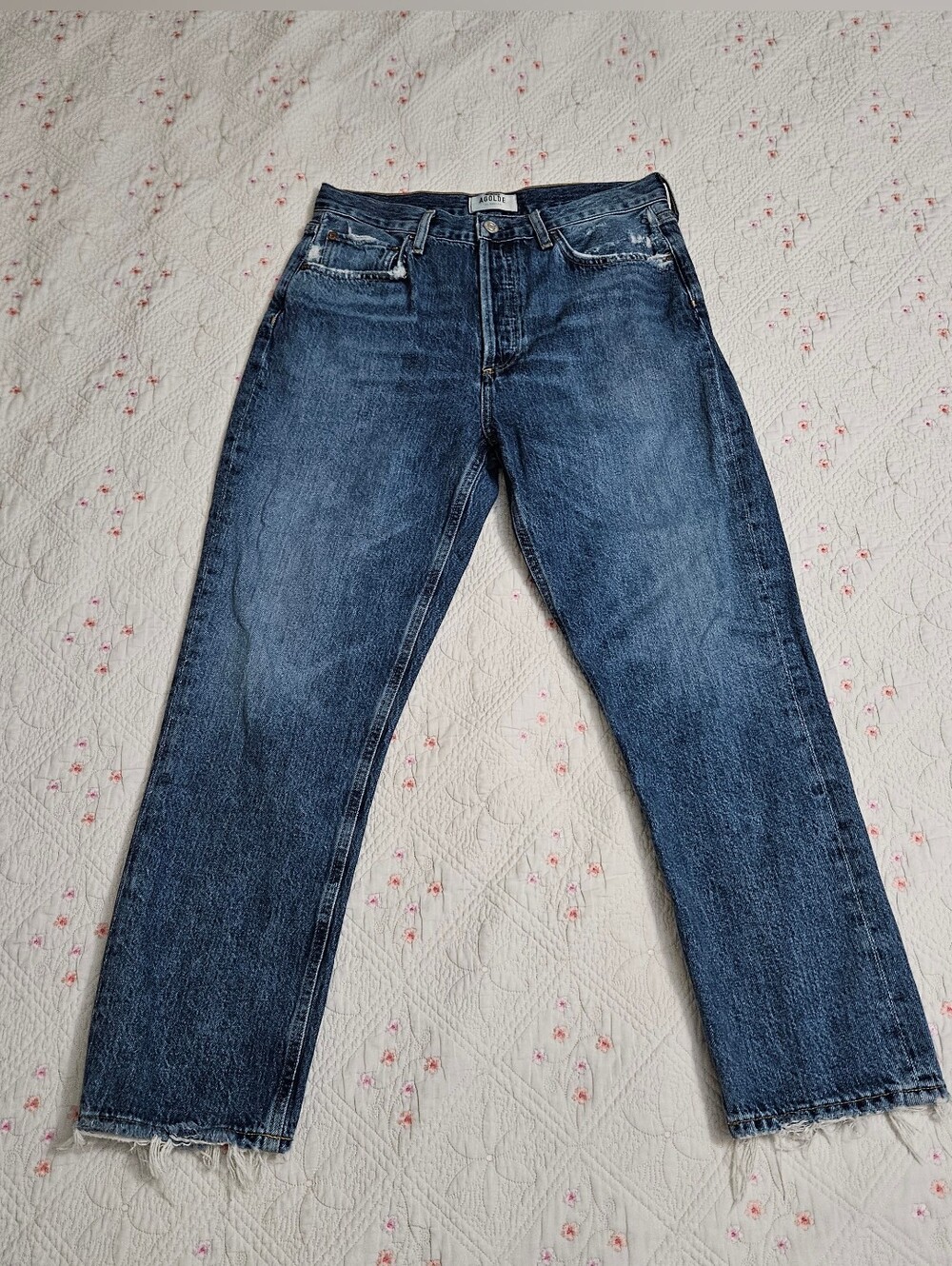 Agolde High Rise Cropped Button Fly Distressed Jeans Sz 28 Womens